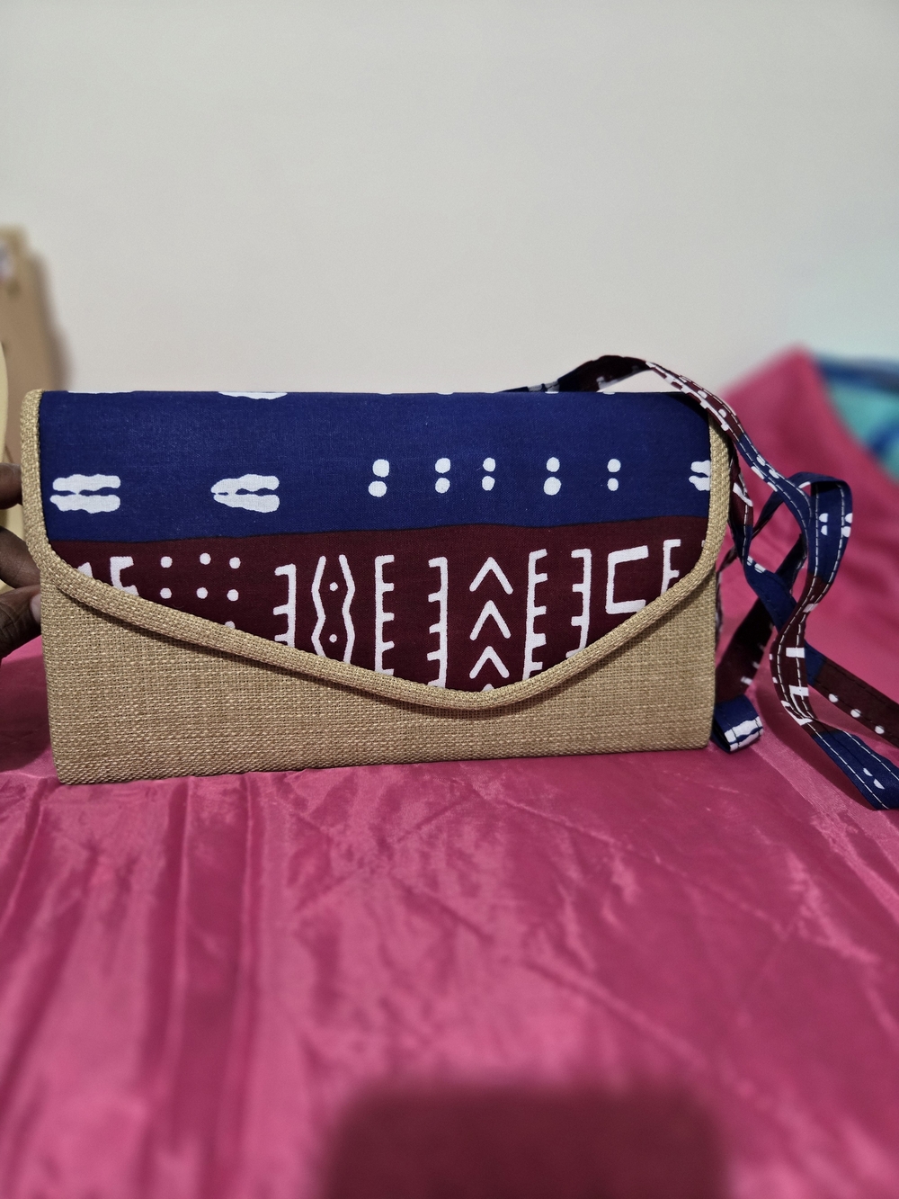 Handwoven Straw Clutch with Blue and Maroon Patterned Flap